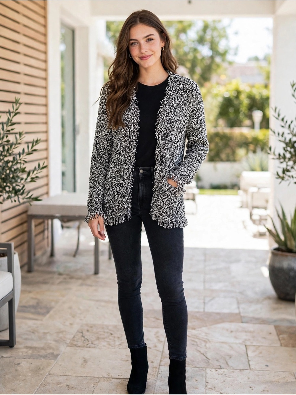 Chico's Black White Marled Knit Hook Closure Cardigan Size 0 (Small)